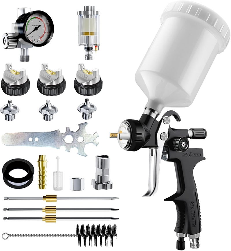GATTLELIC [Upgraded Version] HVLP Air Spray Gun Premium Kit with 1.3/1.5/1.7mm Nozzles, Air Spray Paint Gun with 600cc Capacity Cup & Air Regulator Paint Gun Sprayer for House Painting, Car, Furniture, Fenc - Image 1